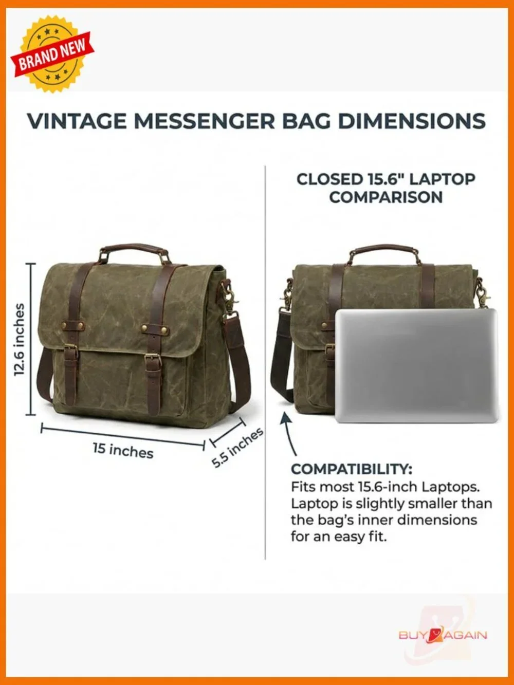 Vintage Messenger Bag 15.6 inch Laptop Briefcase Waxed Canvas Leather